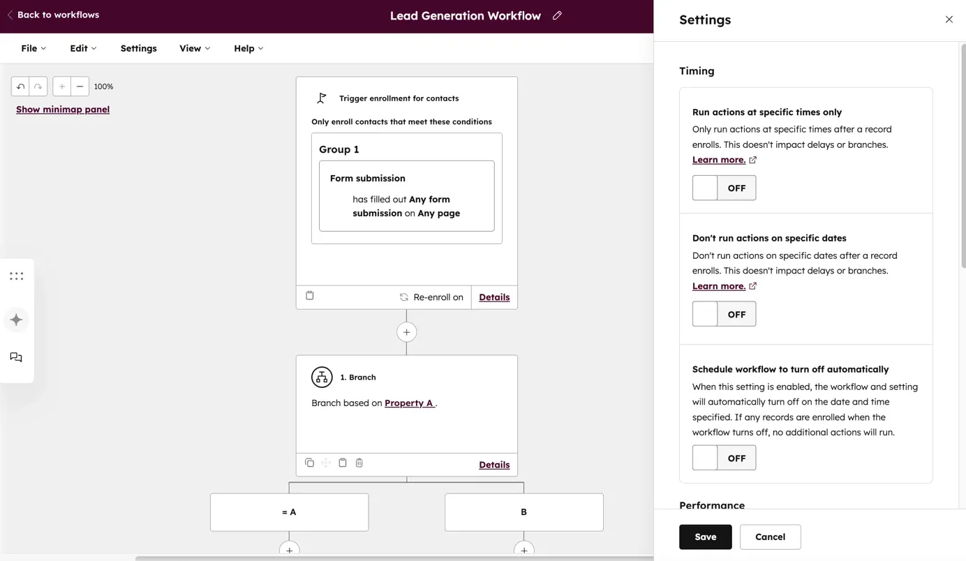 Hubspot workflow setup screen for sales and marketing